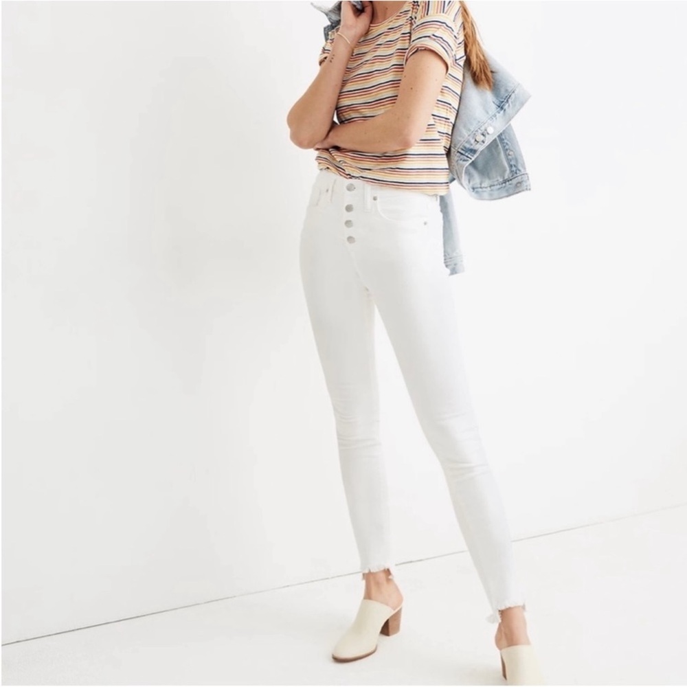 New Madewell 10” High Rise White Jeans Step Hem Size 25 Frayed Exposed Buttons